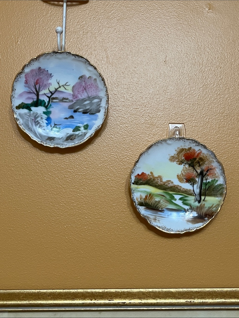 Vintage Hand-Painted Japanese Porcelain Hanging Plates - Set of 2, Gold Trim